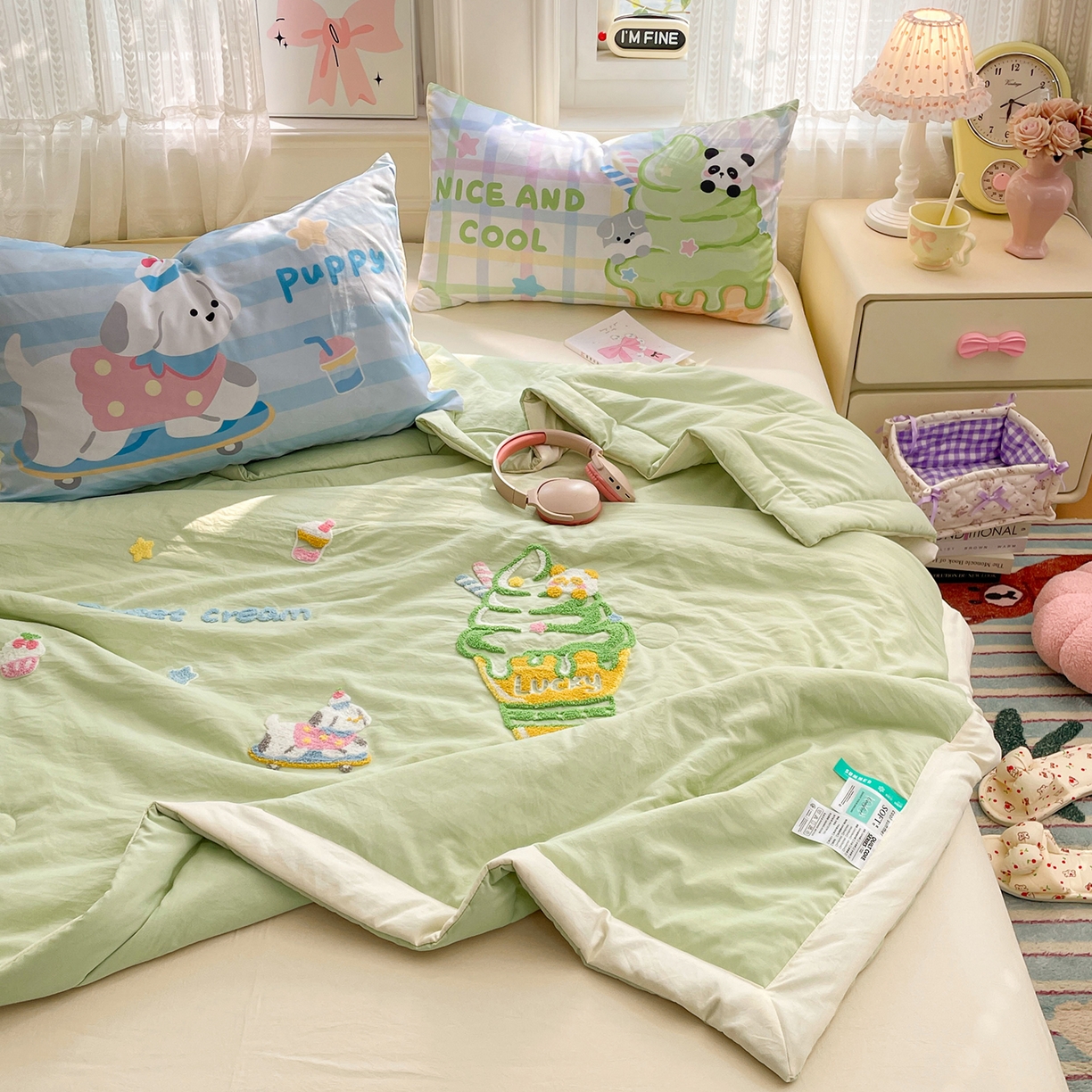 91家纺网 家纺一手货源 找家纺 康纳利 2026新款加厚水洗云朵棉大版毛巾绣夏凉被空调被印花卡通夏被四件套 抹茶冰激凌