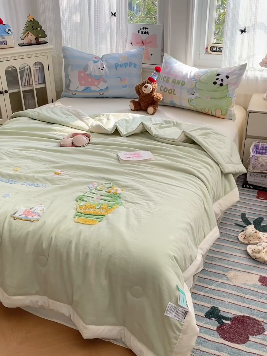 91家纺网 家纺一手货源 找家纺 康纳利 2026新款加厚水洗云朵棉大版毛巾绣夏凉被空调被印花卡通夏被四件套 抹茶冰激凌