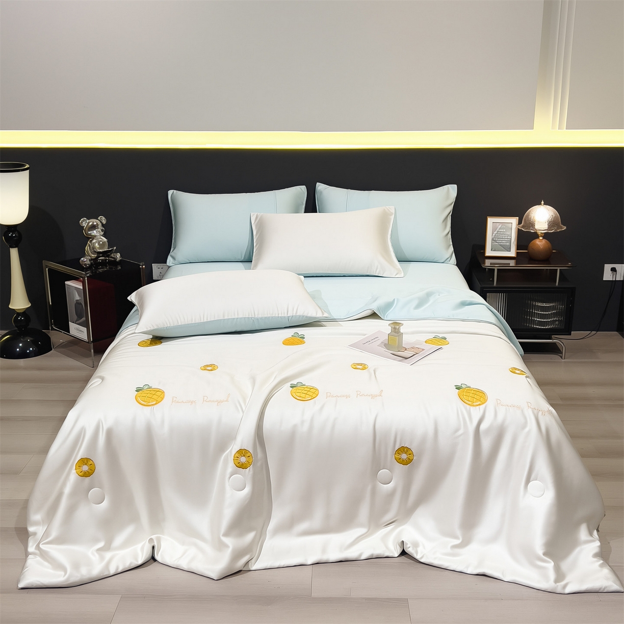 91家纺网 家纺一手货源 找家纺 兄弟坊 2026新款水洗冰丝刺绣夏被夏凉被夏被四件套 菠萝气泡-白色