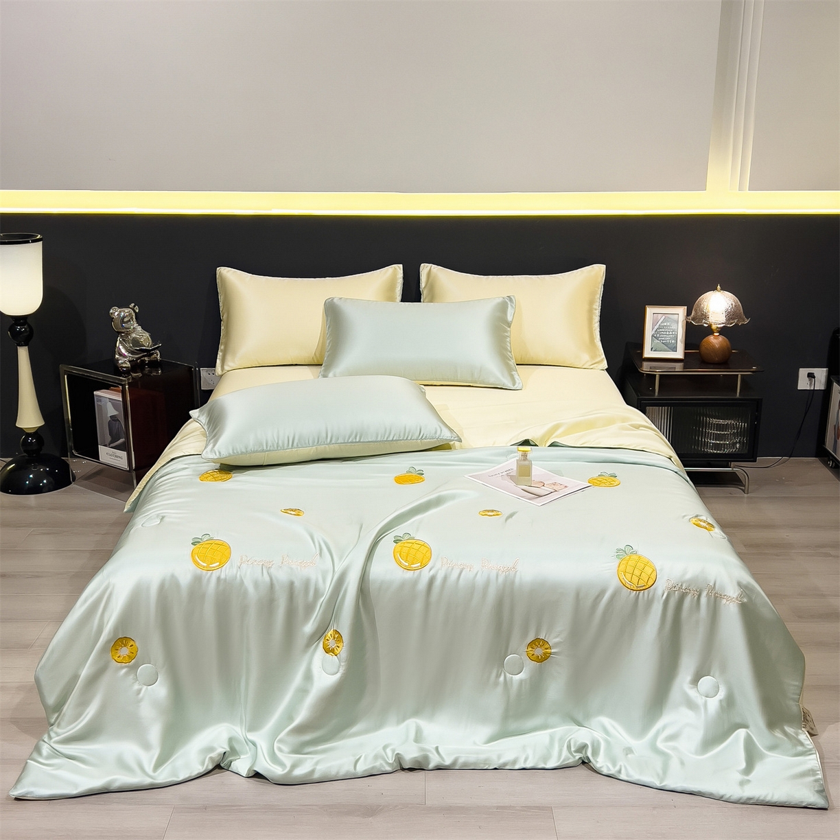 91家纺网 家纺一手货源 找家纺 兄弟坊 2026新款水洗冰丝刺绣夏被夏凉被夏被四件套 菠萝气泡-薄荷色