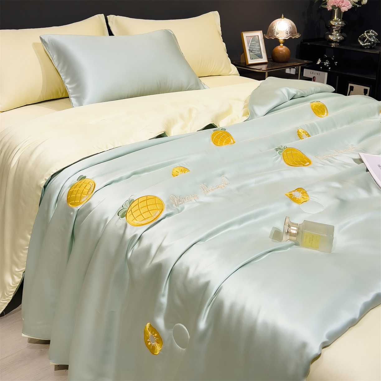 91家纺网 家纺一手货源 找家纺 兄弟坊 2026新款水洗冰丝刺绣夏被夏凉被夏被四件套 菠萝气泡-薄荷色