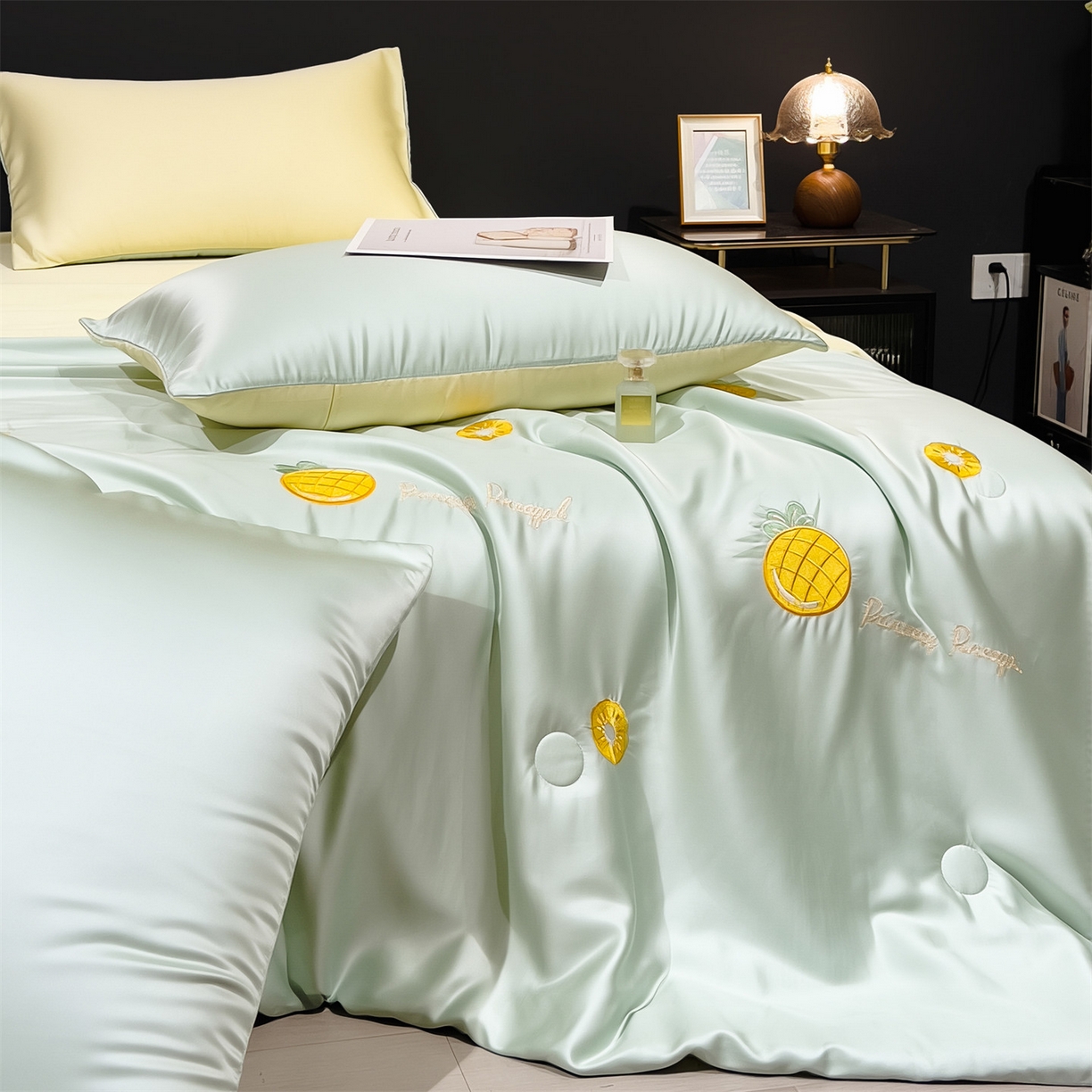 91家纺网 家纺一手货源 找家纺 兄弟坊 2026新款水洗冰丝刺绣夏被夏凉被夏被四件套 菠萝气泡-薄荷色