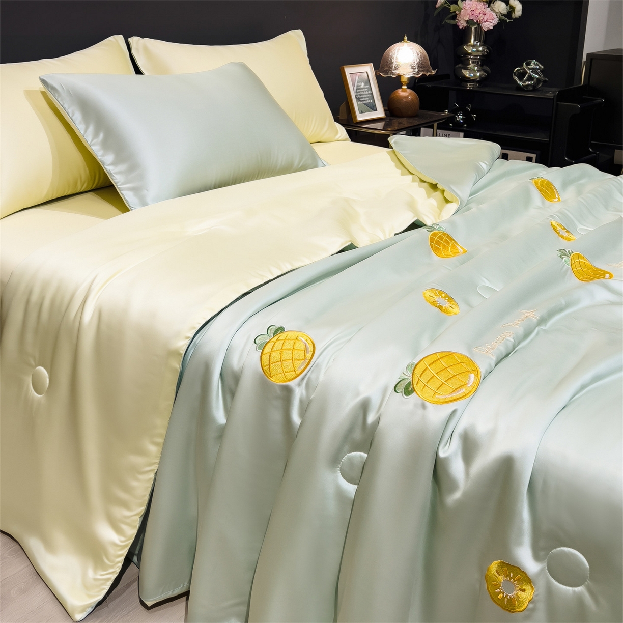 91家纺网 家纺一手货源 找家纺 兄弟坊 2026新款水洗冰丝刺绣夏被夏凉被夏被四件套 菠萝气泡-薄荷色