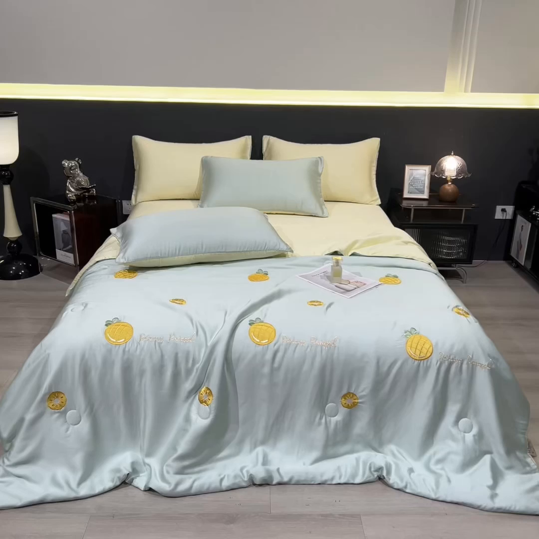 91家纺网 家纺一手货源 找家纺 兄弟坊 2026新款水洗冰丝刺绣夏被夏凉被夏被四件套 菠萝气泡-薄荷色