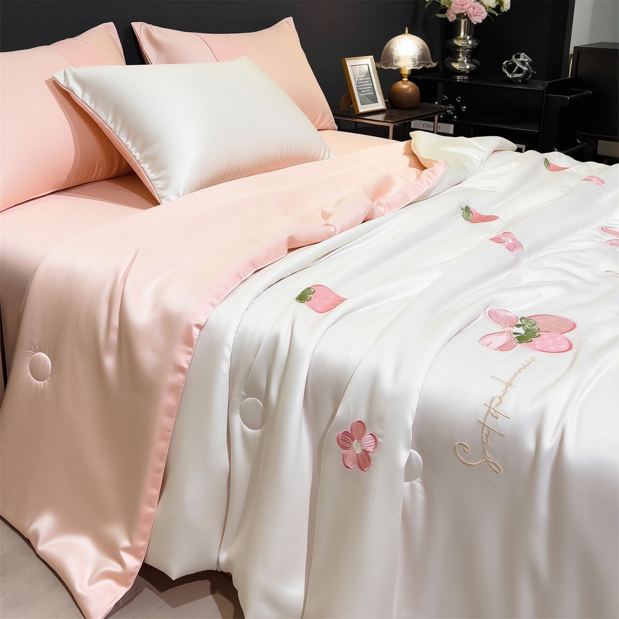 91家纺网 家纺一手货源 找家纺 兄弟坊 2026新款水洗冰丝刺绣夏被夏凉被夏被四件套 草莓好梦-白色