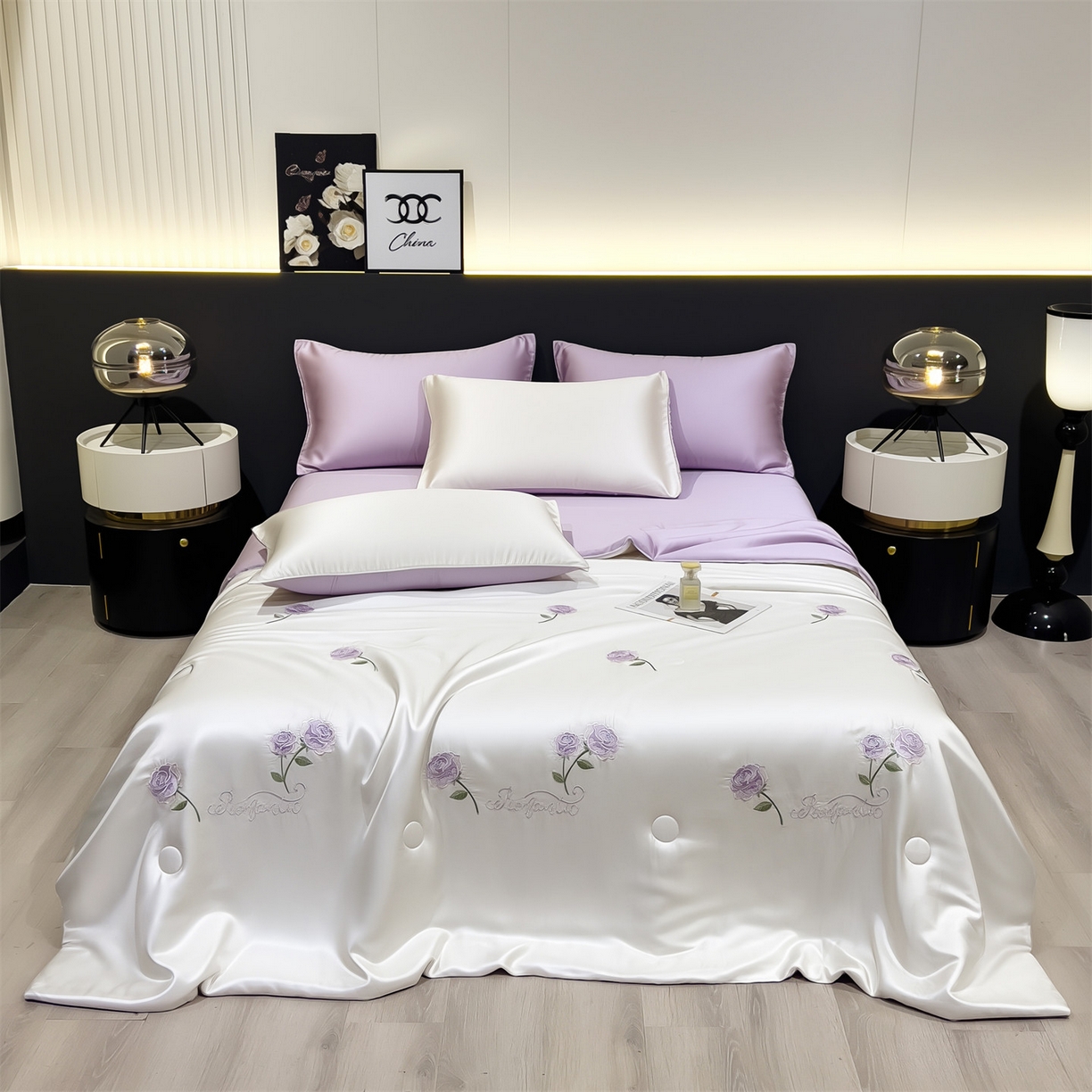 91家纺网 家纺一手货源 找家纺 兄弟坊 2026新款水洗冰丝刺绣夏被夏凉被夏被四件套 花伴眠-紫色