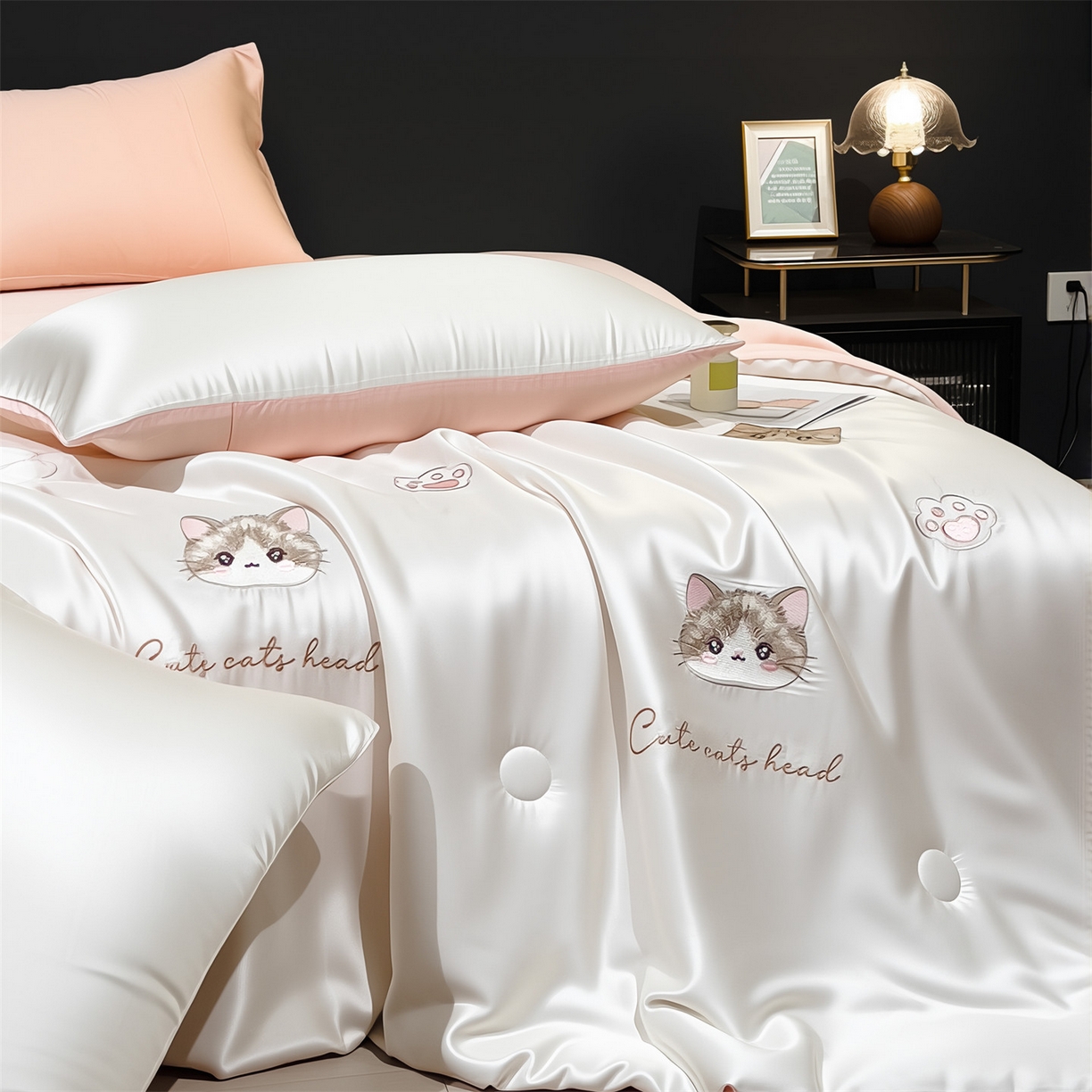91家纺网 家纺一手货源 找家纺 兄弟坊 2026新款水洗冰丝刺绣夏被夏凉被夏被四件套 枕边猫-白色