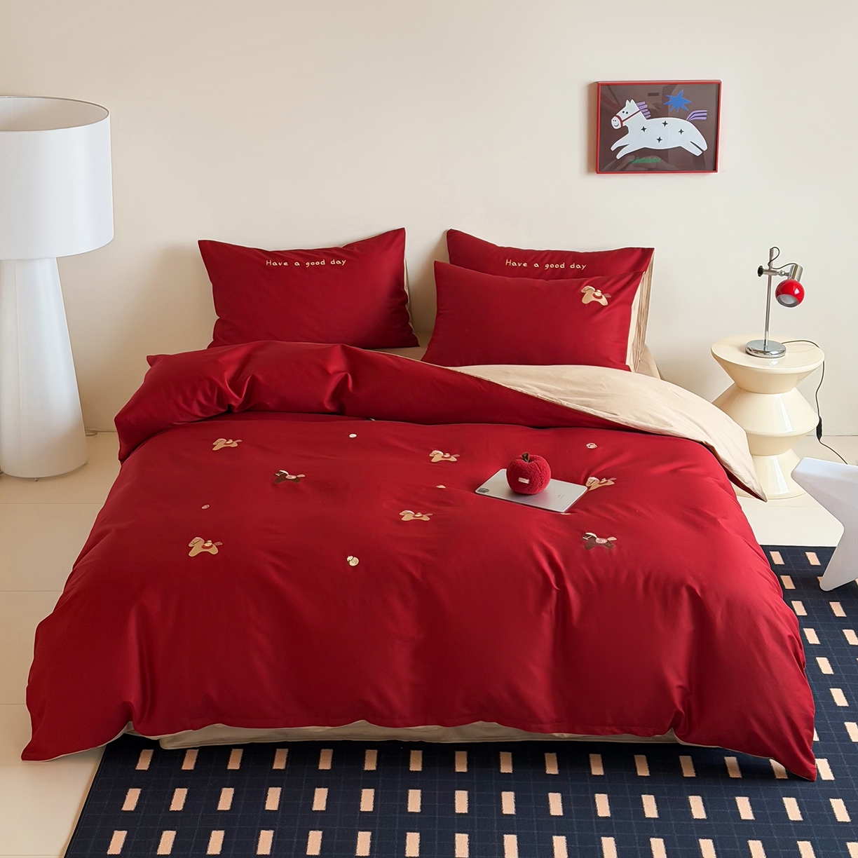 桃子家居 2026新款A类纯棉全棉元气小马贴布绣高端刺绣工艺四件套系列 棉贴布绣-马上有钱