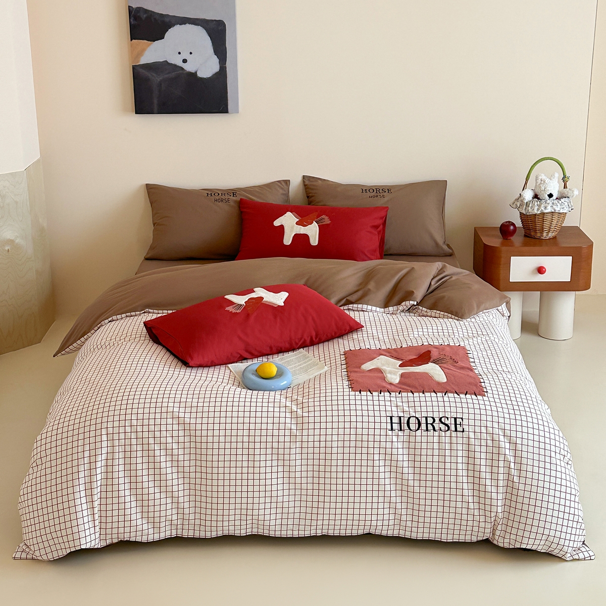 桃子家居 2026新款A类纯棉全棉元气小马贴布绣高端刺绣工艺四件套系列 棉贴布绣-元气小马红