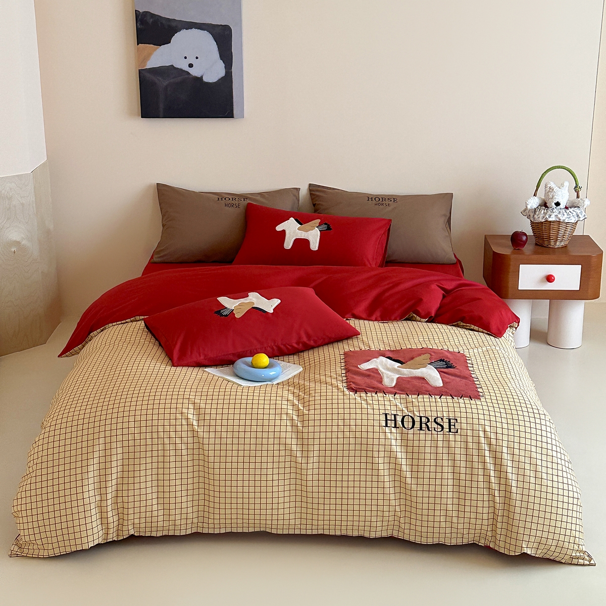 桃子家居 2026新款A类纯棉全棉元气小马贴布绣高端刺绣工艺四件套系列 棉贴布绣-元气小马棕