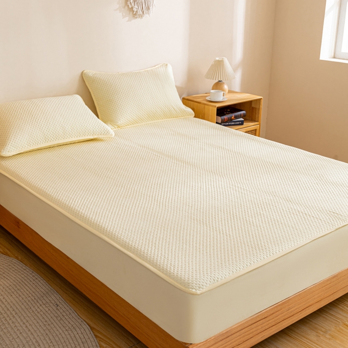 91家纺网 家纺一手货源 找家纺 宇淳国际 2026新款小竺棉超声波床笠三件套外贸跨境电商亚马逊速卖通欧美特殊尺寸可定制 奶黄-小竺棉夹棉床笠