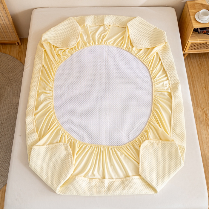 91家纺网 家纺一手货源 找家纺 宇淳国际 2026新款小竺棉超声波床笠三件套外贸跨境电商亚马逊速卖通欧美特殊尺寸可定制 奶黄-小竺棉夹棉床笠