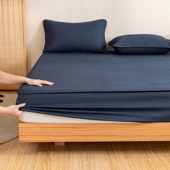 91家纺网 家纺一手货源 找家纺 宇淳国际 2026新款小竺棉超声波床笠三件套外贸跨境电商亚马逊速卖通欧美特殊尺寸可定制 藏青-小竺棉夹棉床笠