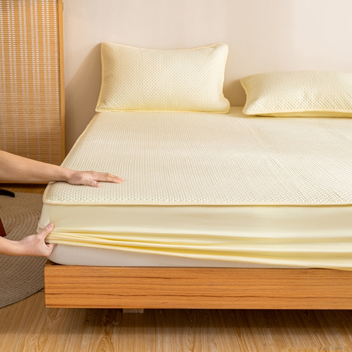 91家纺网 家纺一手货源 找家纺 宇淳国际 2026新款小竺棉超声波床笠三件套外贸跨境电商亚马逊速卖通欧美特殊尺寸可定制 奶黄-小竺棉夹棉床笠