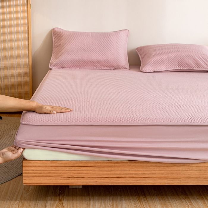 91家纺网 家纺一手货源 找家纺 宇淳国际 2026新款小竺棉超声波床笠三件套外贸跨境电商亚马逊速卖通欧美特殊尺寸可定制 浅粉-小竺棉夹棉床笠