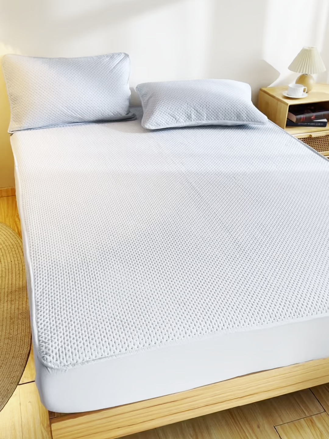 91家纺网 家纺一手货源 找家纺 宇淳国际 2026新款小竺棉超声波床笠三件套外贸跨境电商亚马逊速卖通欧美特殊尺寸可定制 兰灰-小竺棉夹棉床笠