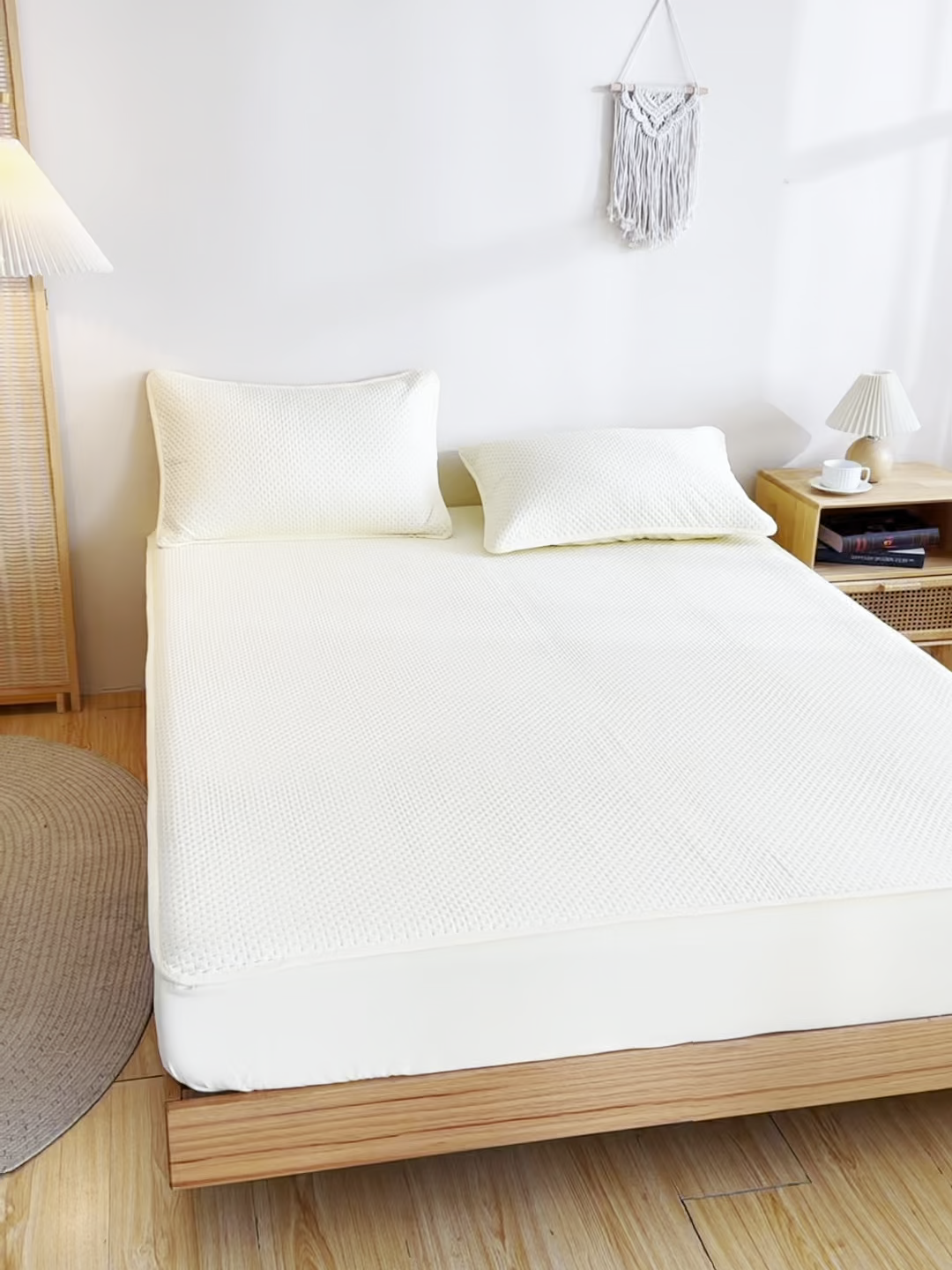 91家纺网 家纺一手货源 找家纺 宇淳国际 2026新款小竺棉超声波床笠三件套外贸跨境电商亚马逊速卖通欧美特殊尺寸可定制 奶黄-小竺棉夹棉床笠