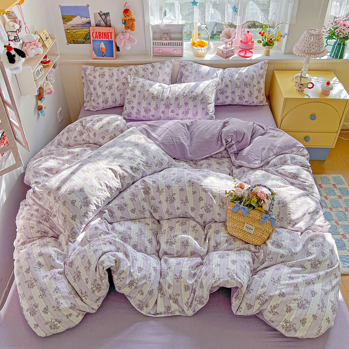 91家纺网 家纺一手货源 找家纺 仟人梦 2026新款云感双层纱印花四件套 半暖时光-紫