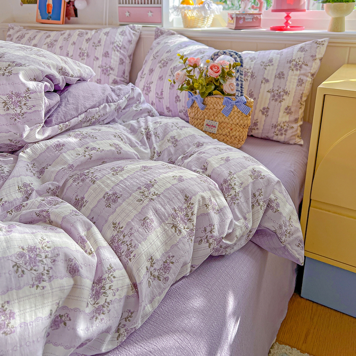 91家纺网 家纺一手货源 找家纺 仟人梦 2026新款云感双层纱印花四件套 半暖时光-紫