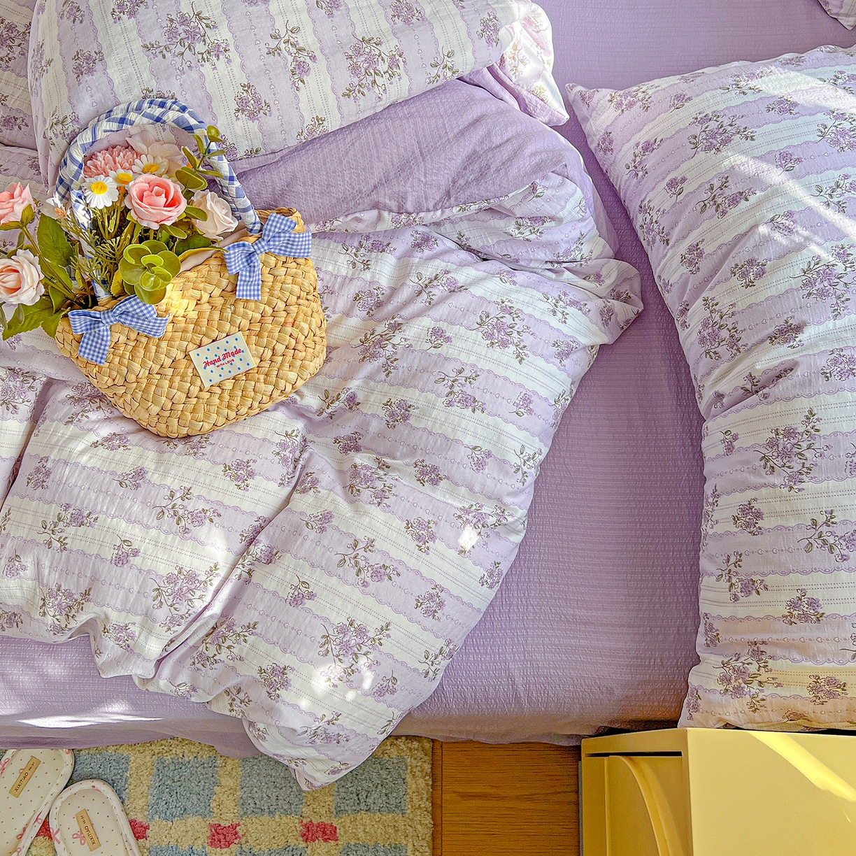 91家纺网 家纺一手货源 找家纺 仟人梦 2026新款云感双层纱印花四件套 半暖时光-紫