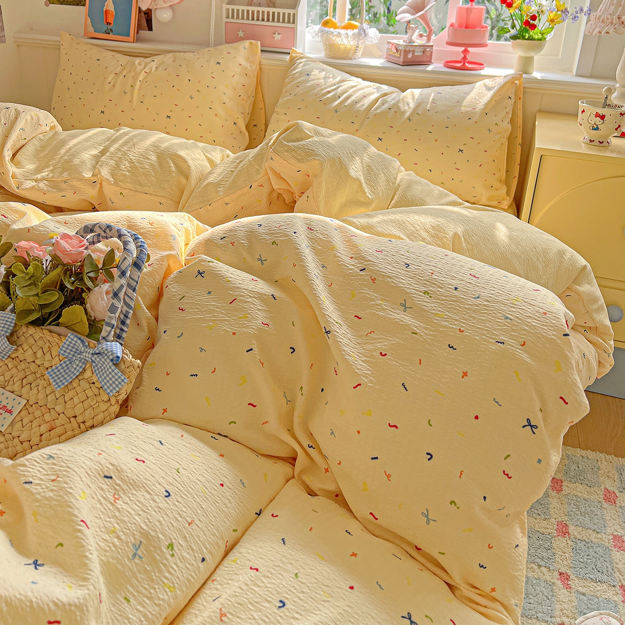 91家纺网 家纺一手货源 找家纺 仟人梦 2026新款云感双层纱印花四件套 冰淇凌