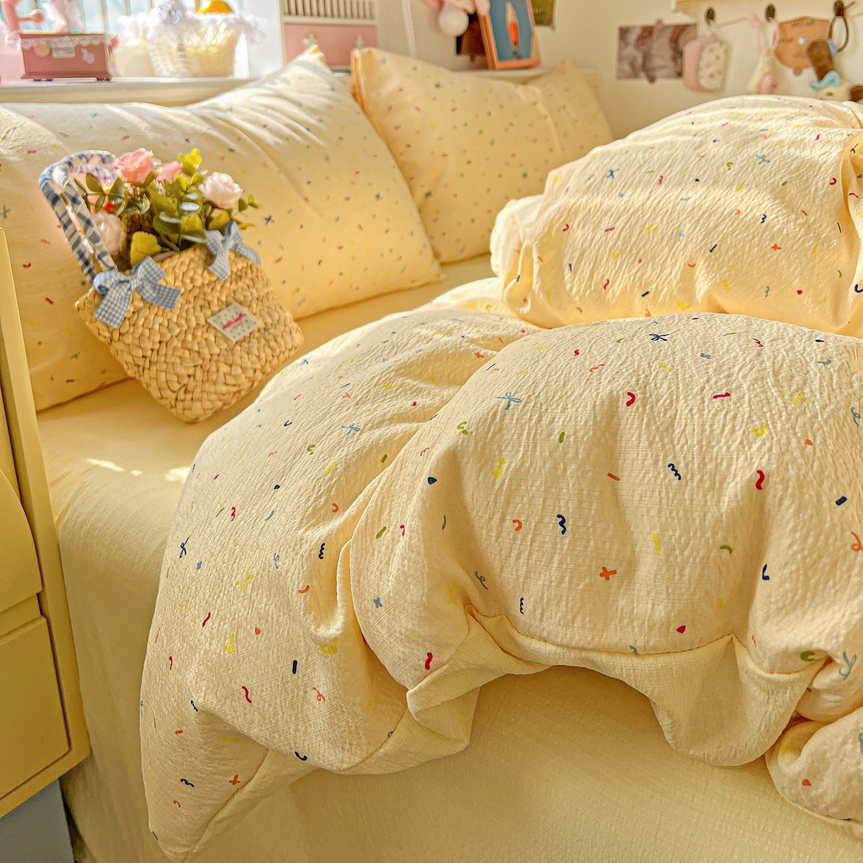 91家纺网 家纺一手货源 找家纺 仟人梦 2026新款云感双层纱印花四件套 冰淇凌