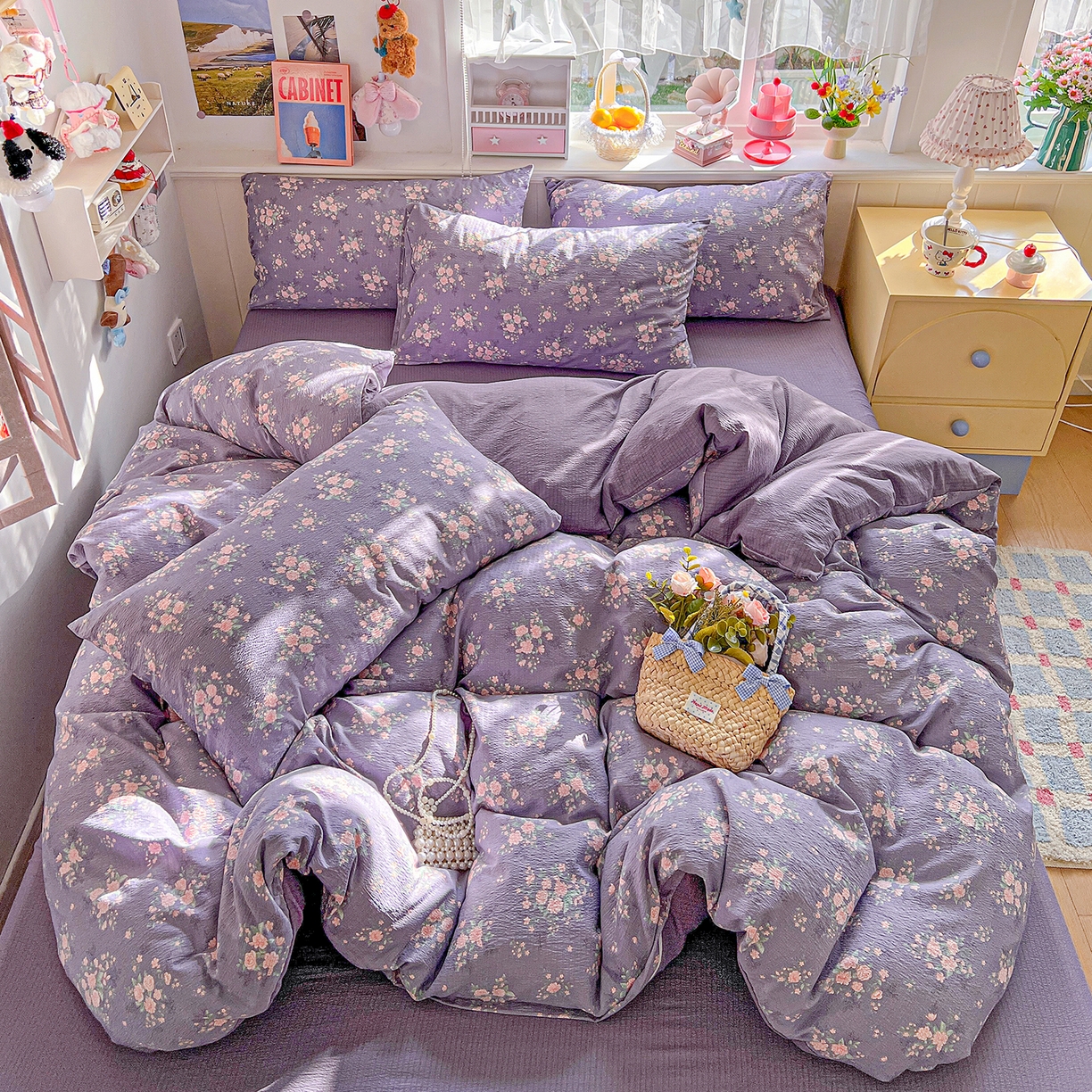 91家纺网 家纺一手货源 找家纺 仟人梦 2026新款云感双层纱印花四件套 豆蔻