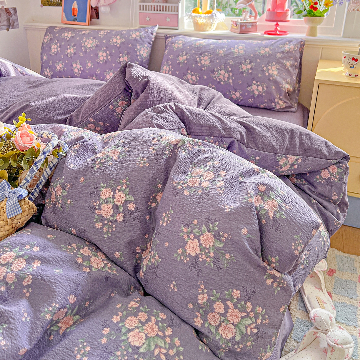 91家纺网 家纺一手货源 找家纺 仟人梦 2026新款云感双层纱印花四件套 豆蔻