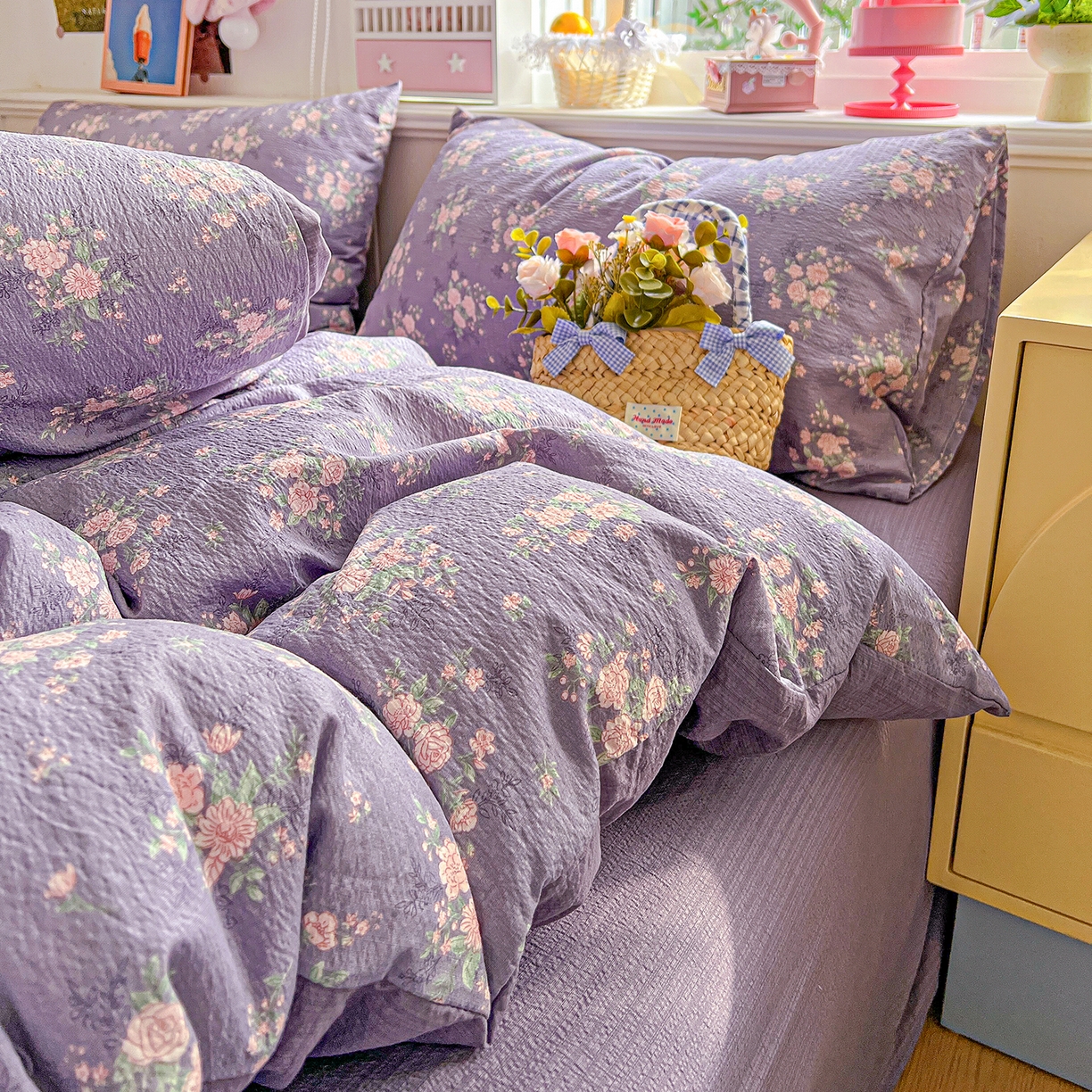 91家纺网 家纺一手货源 找家纺 仟人梦 2026新款云感双层纱印花四件套 豆蔻