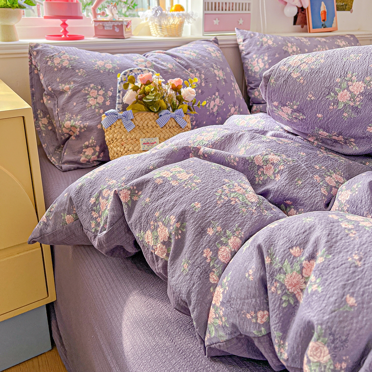 91家纺网 家纺一手货源 找家纺 仟人梦 2026新款云感双层纱印花四件套 豆蔻