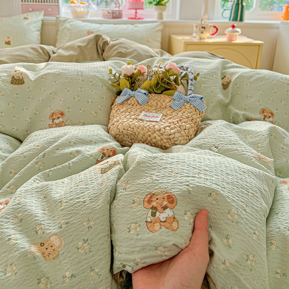 仟人梦 2026新款云感双层纱印花四件套 绿色泡泡