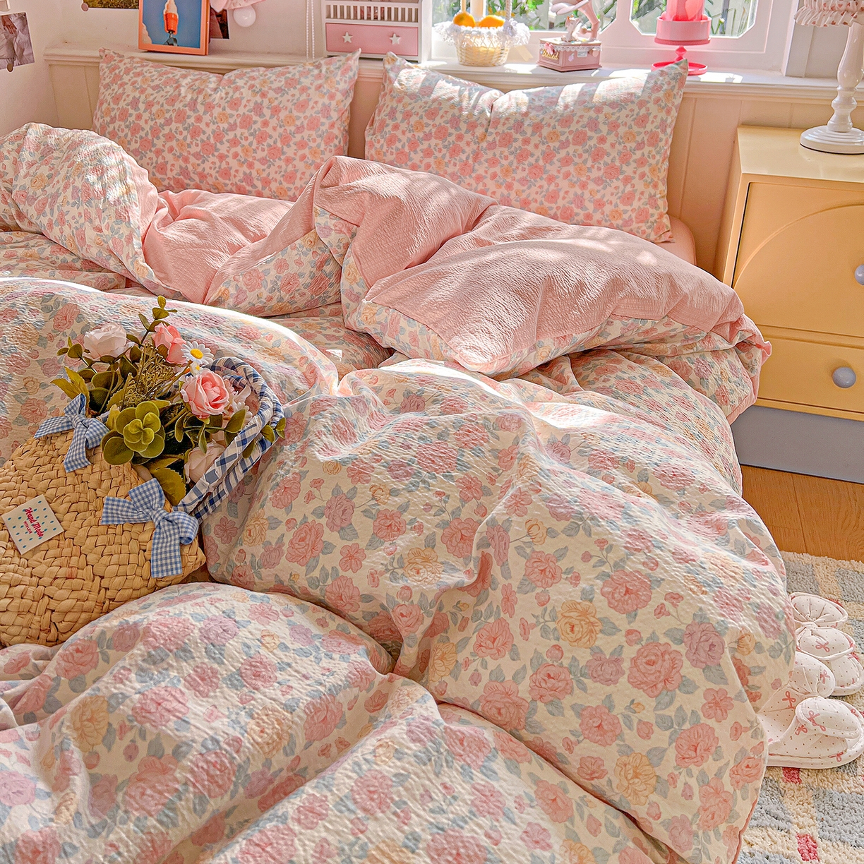 91家纺网 家纺一手货源 找家纺 仟人梦 2026新款云感双层纱印花四件套 水墨丹青-粉