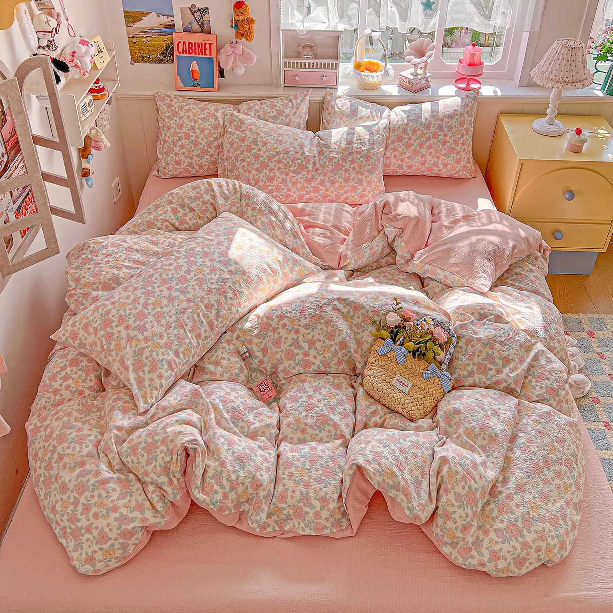 91家纺网 家纺一手货源 找家纺 仟人梦 2026新款云感双层纱印花四件套 水墨丹青-粉