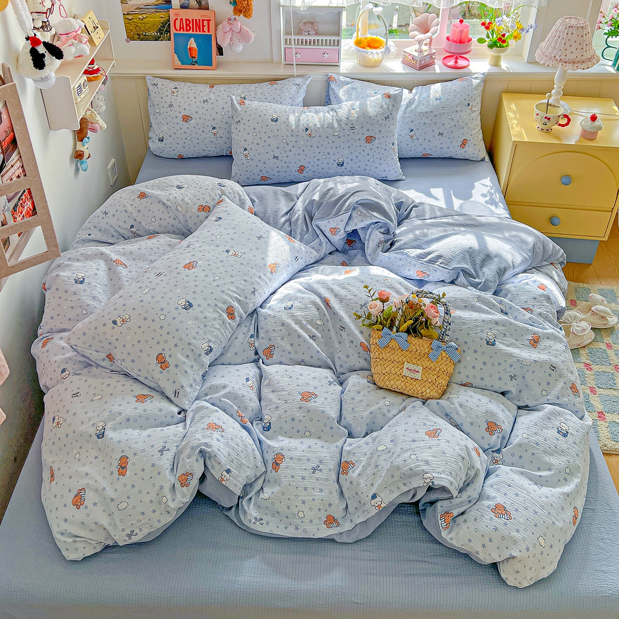 91家纺网 家纺一手货源 找家纺 仟人梦 2026新款云感双层纱印花四件套 淘气狗