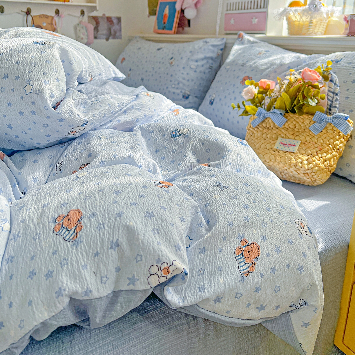 91家纺网 家纺一手货源 找家纺 仟人梦 2026新款云感双层纱印花四件套 淘气狗