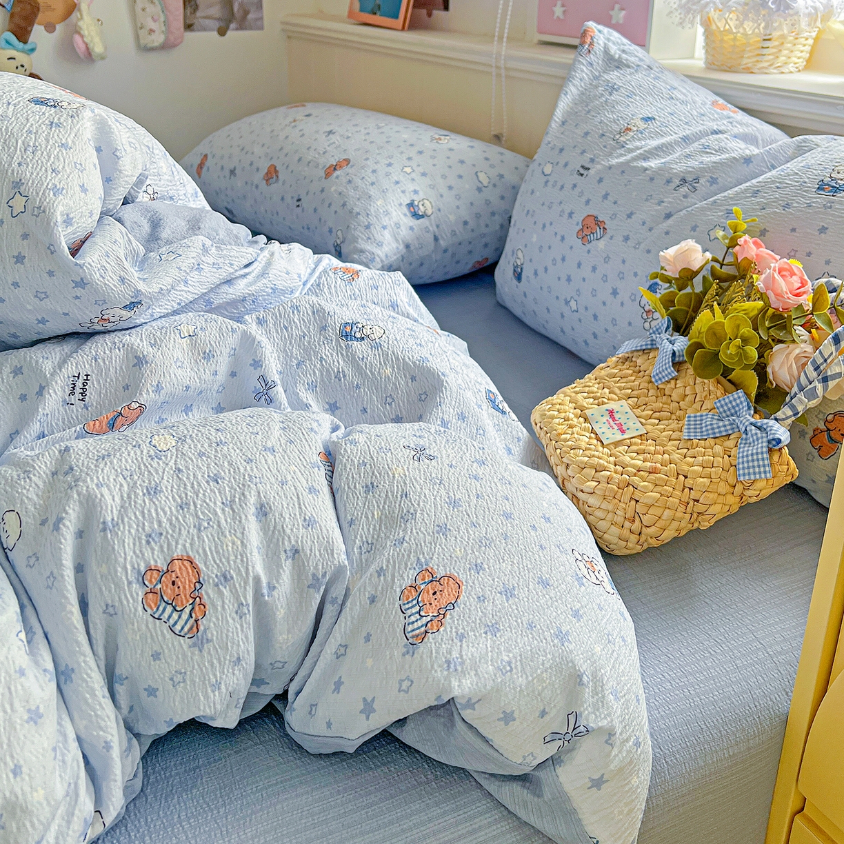 91家纺网 家纺一手货源 找家纺 仟人梦 2026新款云感双层纱印花四件套 淘气狗