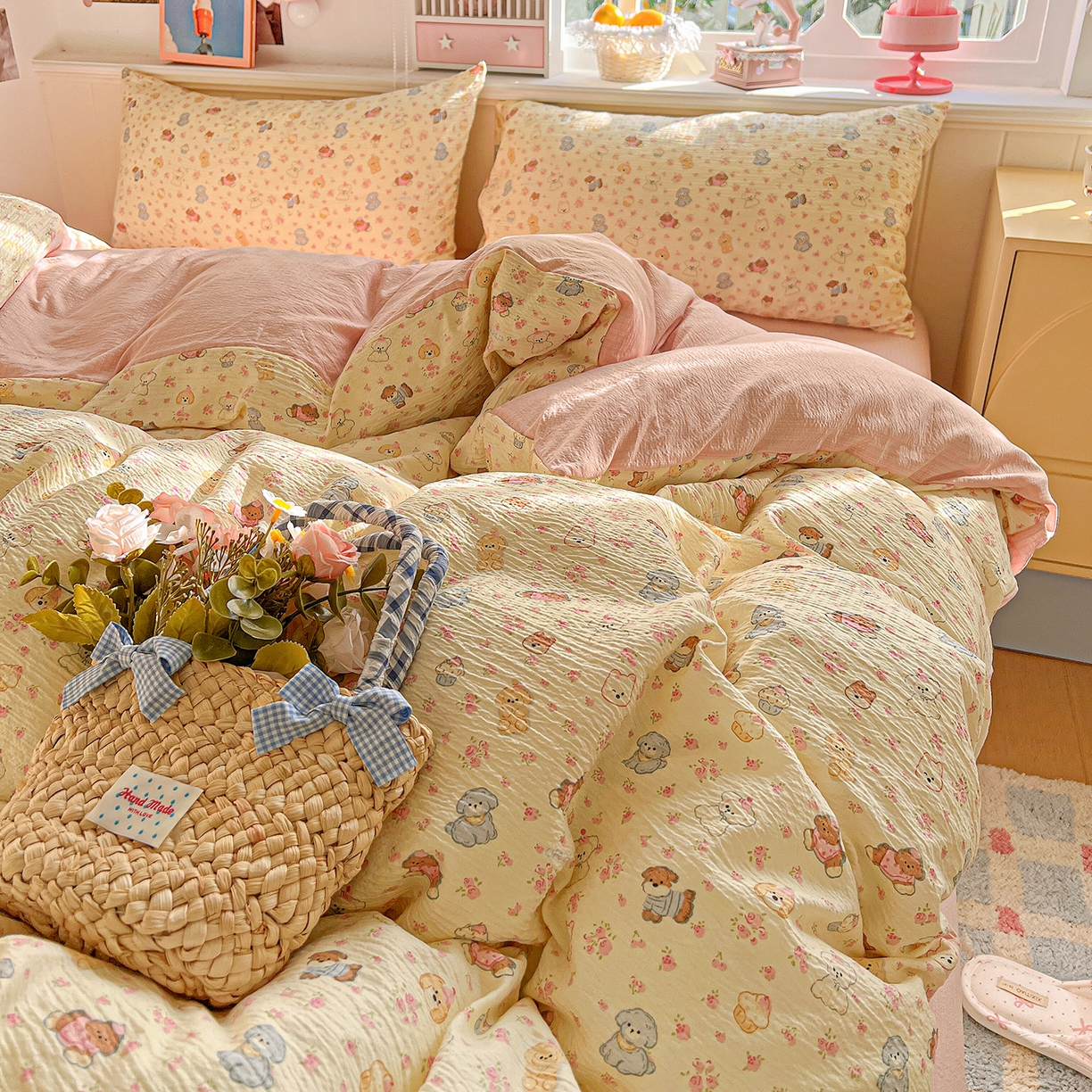 91家纺网 家纺一手货源 找家纺 仟人梦 2026新款云感双层纱印花四件套 西高地