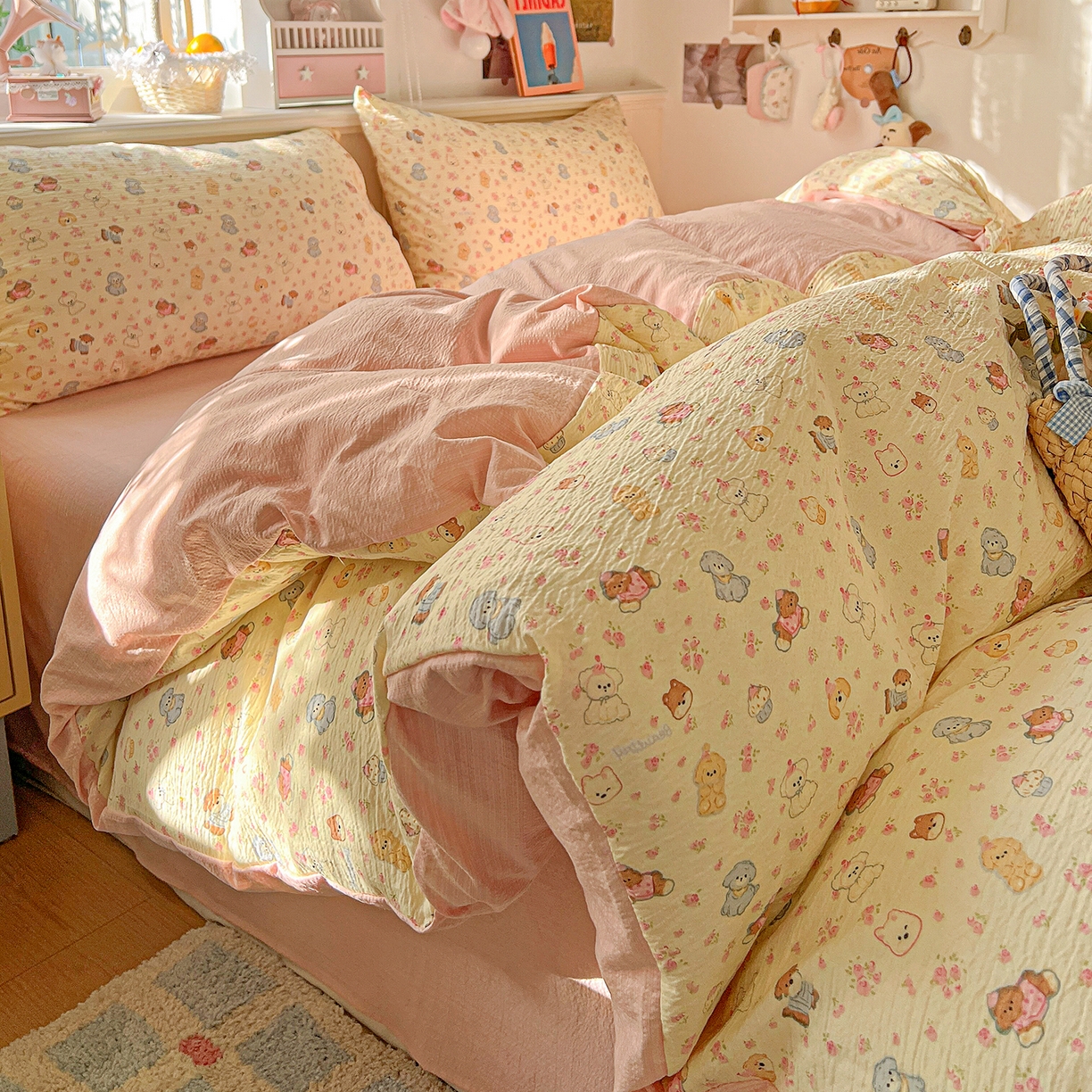 91家纺网 家纺一手货源 找家纺 仟人梦 2026新款云感双层纱印花四件套 西高地