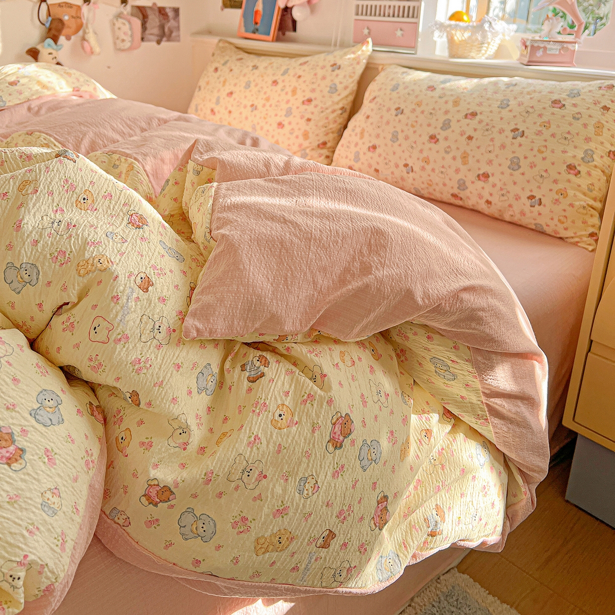 91家纺网 家纺一手货源 找家纺 仟人梦 2026新款云感双层纱印花四件套 西高地