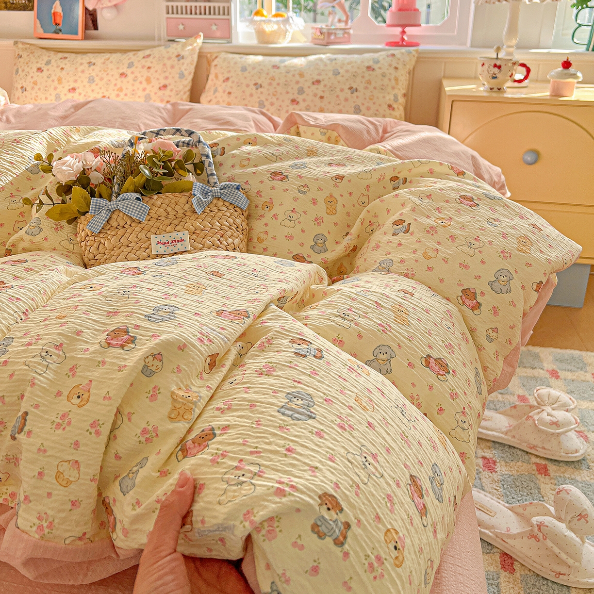 91家纺网 家纺一手货源 找家纺 仟人梦 2026新款云感双层纱印花四件套 西高地