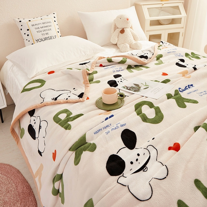 91家纺网 家纺一手货源 找家纺 坦客毯业 2025新款印花雪貂绒毛毯沙发盖毯午睡毯子英文小狗