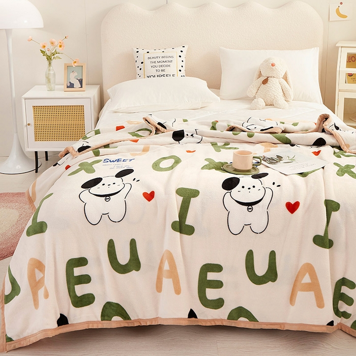 91家纺网 家纺一手货源 找家纺 坦客毯业 2025新款印花雪貂绒毛毯沙发盖毯午睡毯子英文小狗