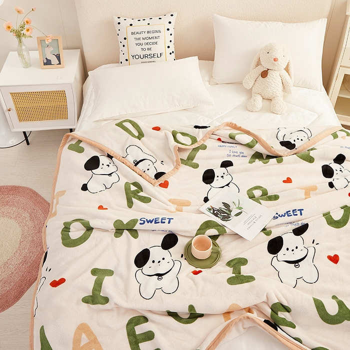 91家纺网 家纺一手货源 找家纺 坦客毯业 2025新款印花雪貂绒毛毯沙发盖毯午睡毯子英文小狗