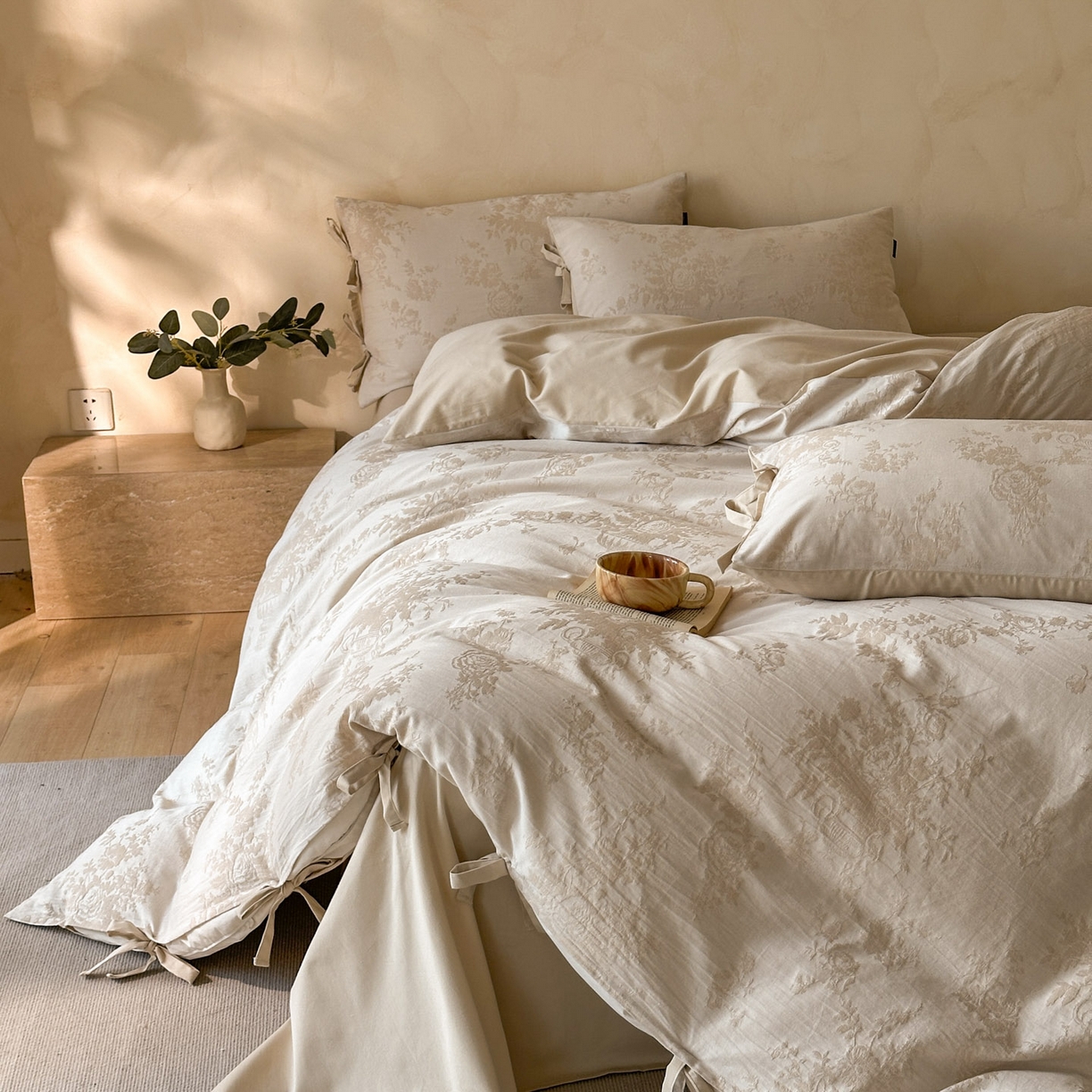 91家纺网 家纺一手货源 找家纺 宜代光年 2026新款亚麻大提花贡缎磨毛四件套系列 小清新花型 露西亚-米麻