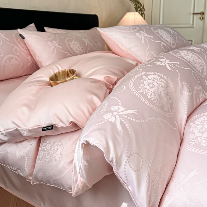 米彩家纺 2026新款A类水洗真丝天丝亮丝提花四件套 秘境粉玉