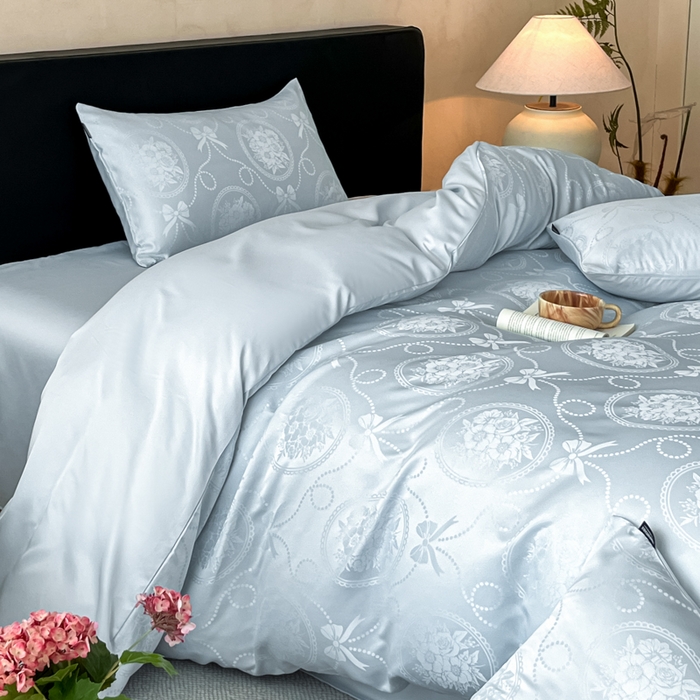 91家纺网 家纺一手货源 找家纺 米彩家纺 2026新款A类水洗真丝天丝亮丝提花四件套 秘境水兰