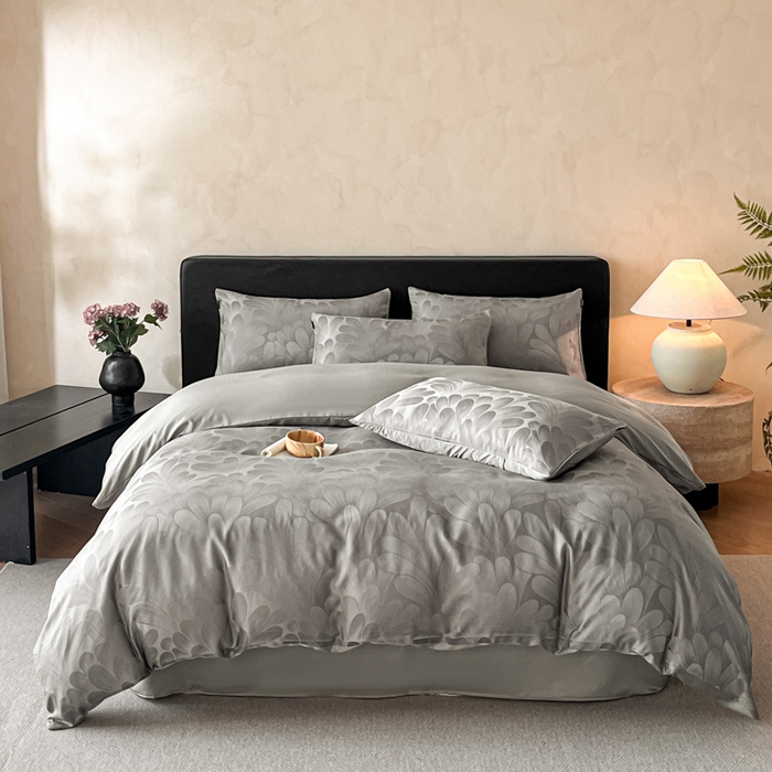 91家纺网 家纺一手货源 找家纺 米彩家纺 2026新款A类水洗真丝天丝亮丝提花四件套 叶影灰