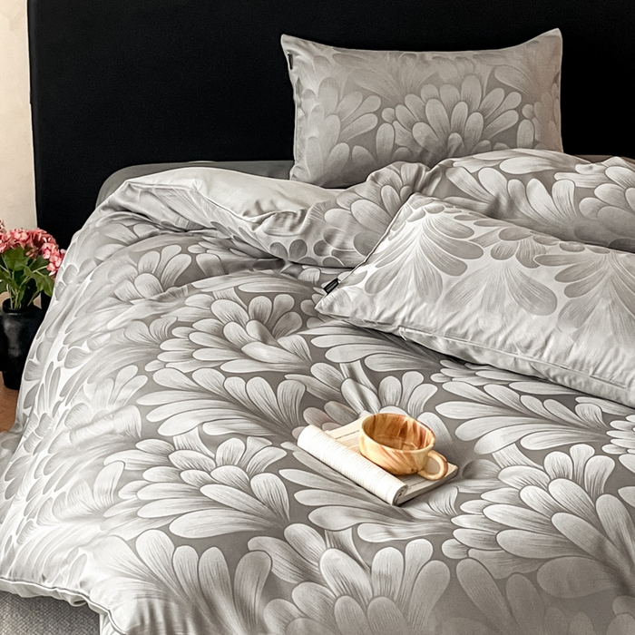 91家纺网 家纺一手货源 找家纺 米彩家纺 2026新款A类水洗真丝天丝亮丝提花四件套 叶影灰