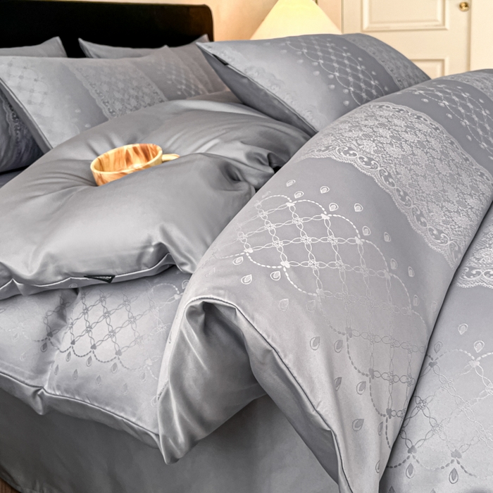 米彩家纺 2026新款A类水洗真丝天丝亮丝提花四件套 浮生若梦浅灰