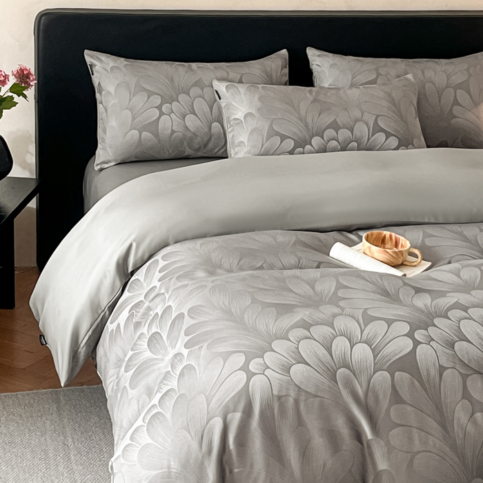 91家纺网 家纺一手货源 找家纺 米彩家纺 2026新款A类水洗真丝天丝亮丝提花四件套 叶影灰